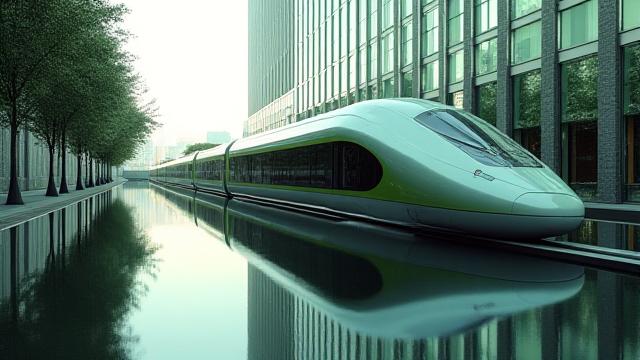 流線型のモダンな列車が都市の建築と一体化したデザイン