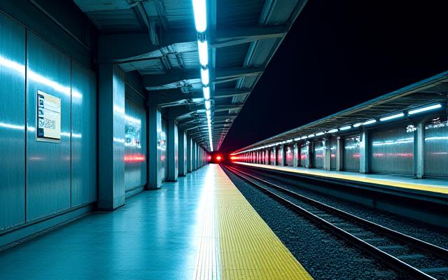 夜間の現代的な駅プラットフォームに設置された安全照明システムの様子